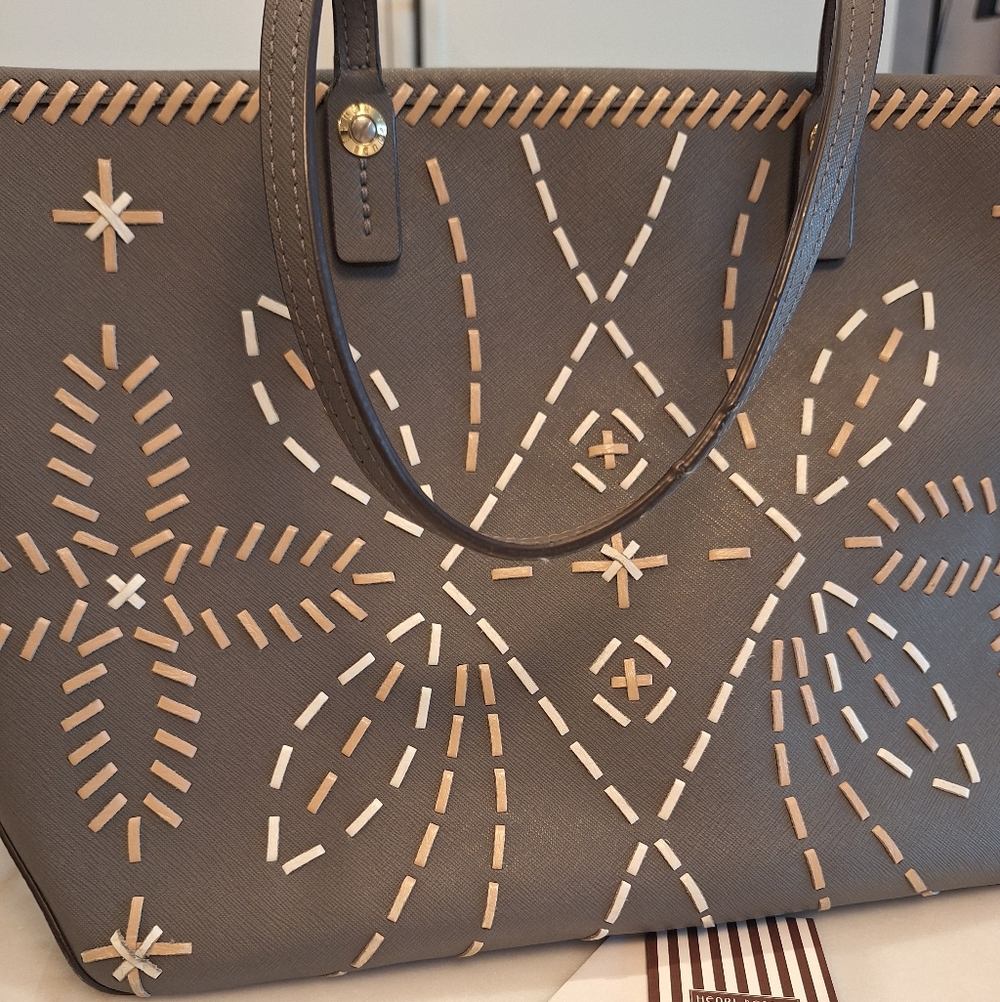 NWOT Henri Bendel Dark Gray Saffiano Leather West 57th Stitched Patterned Tote - Picture 2 of 6